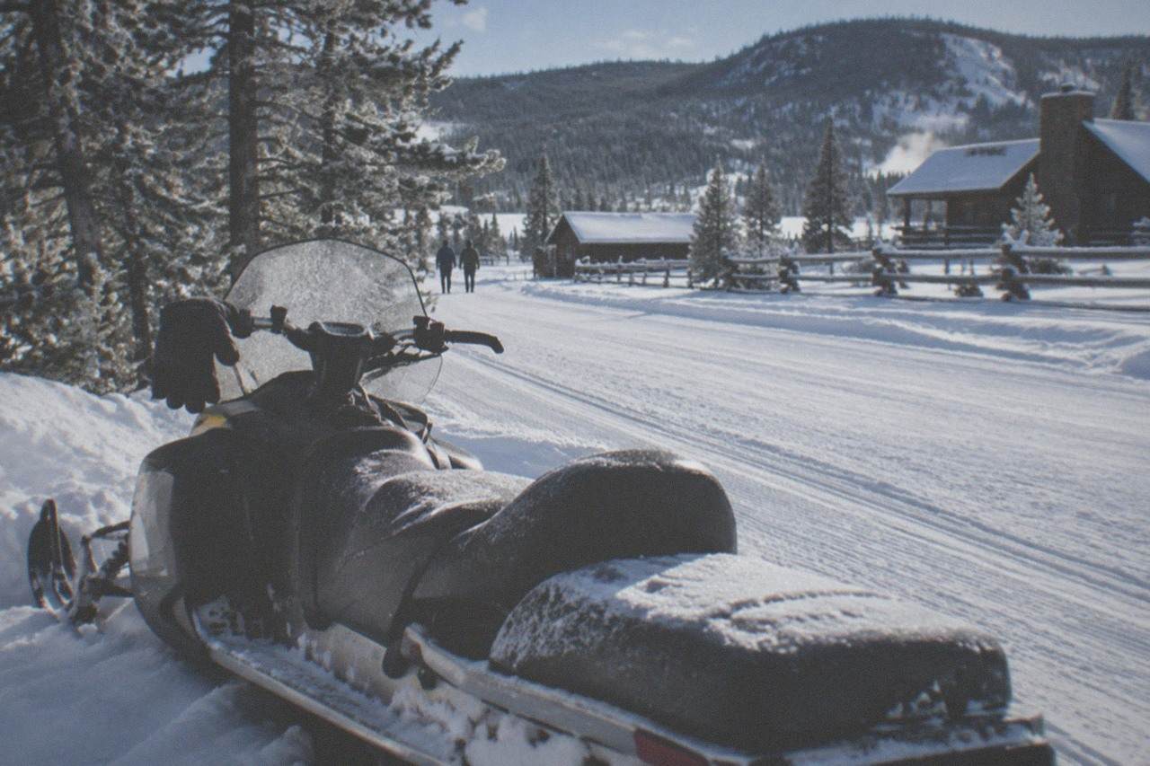 Two-seat touring snowmobile parked on a groomed snow road between frosted pine trees