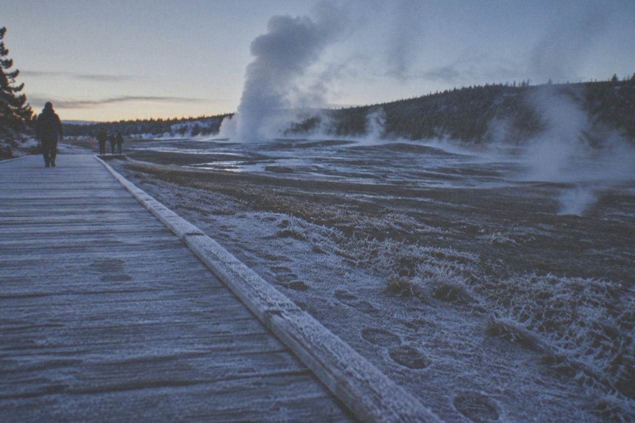 Snow-covered geyser basin boardwalk steaming under a cold winter sky at dawn