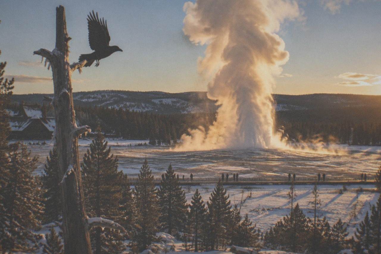 Old Faithful geyser erupting in a tall plume above a snow-covered geyser basin under a clear sky