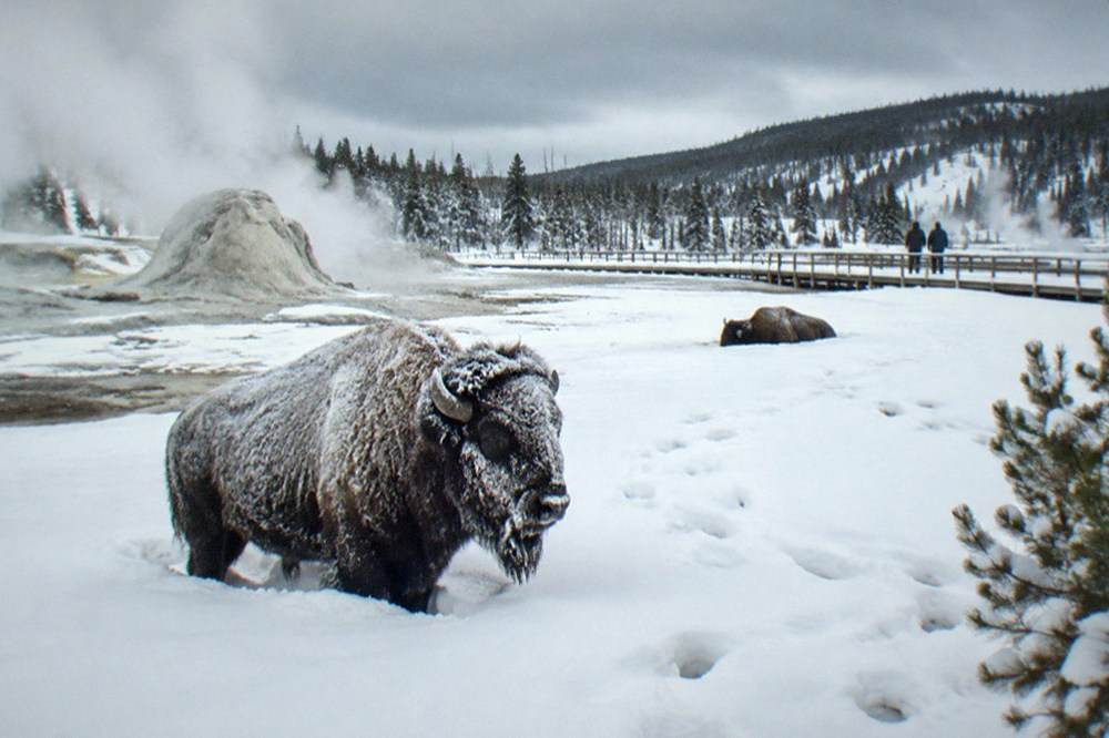 Bison standing in deep snow near a steaming thermal area under gray winter clouds