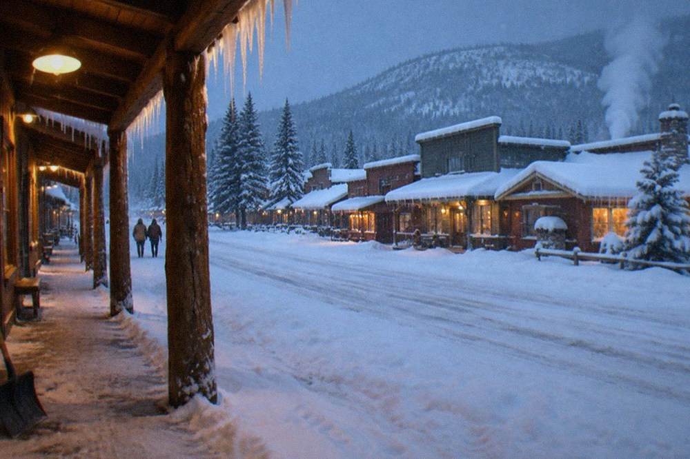 Small western town street with snow-covered rooftops and warm window lights at dusk