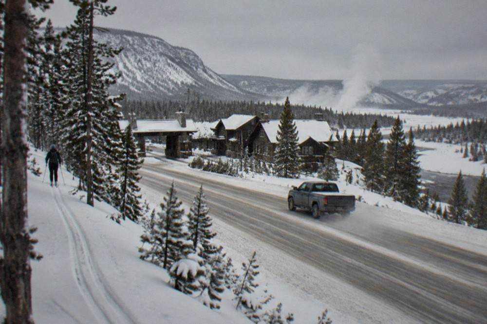 A line of ski tracks running down a groomed snow-covered road through frosted pine forest