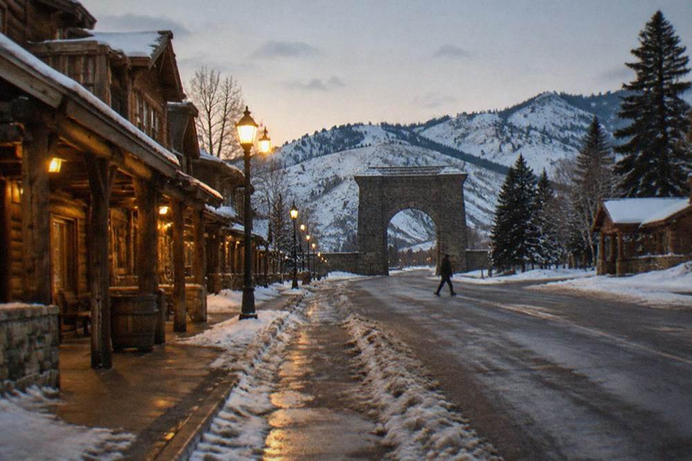 Small snowy frontier town street with timber buildings at dusk