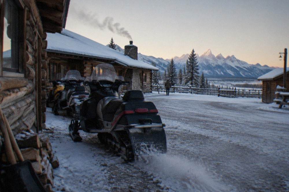 Snowmobiles lined up outside a wooden ranch lodge in a snowy valley at dawn