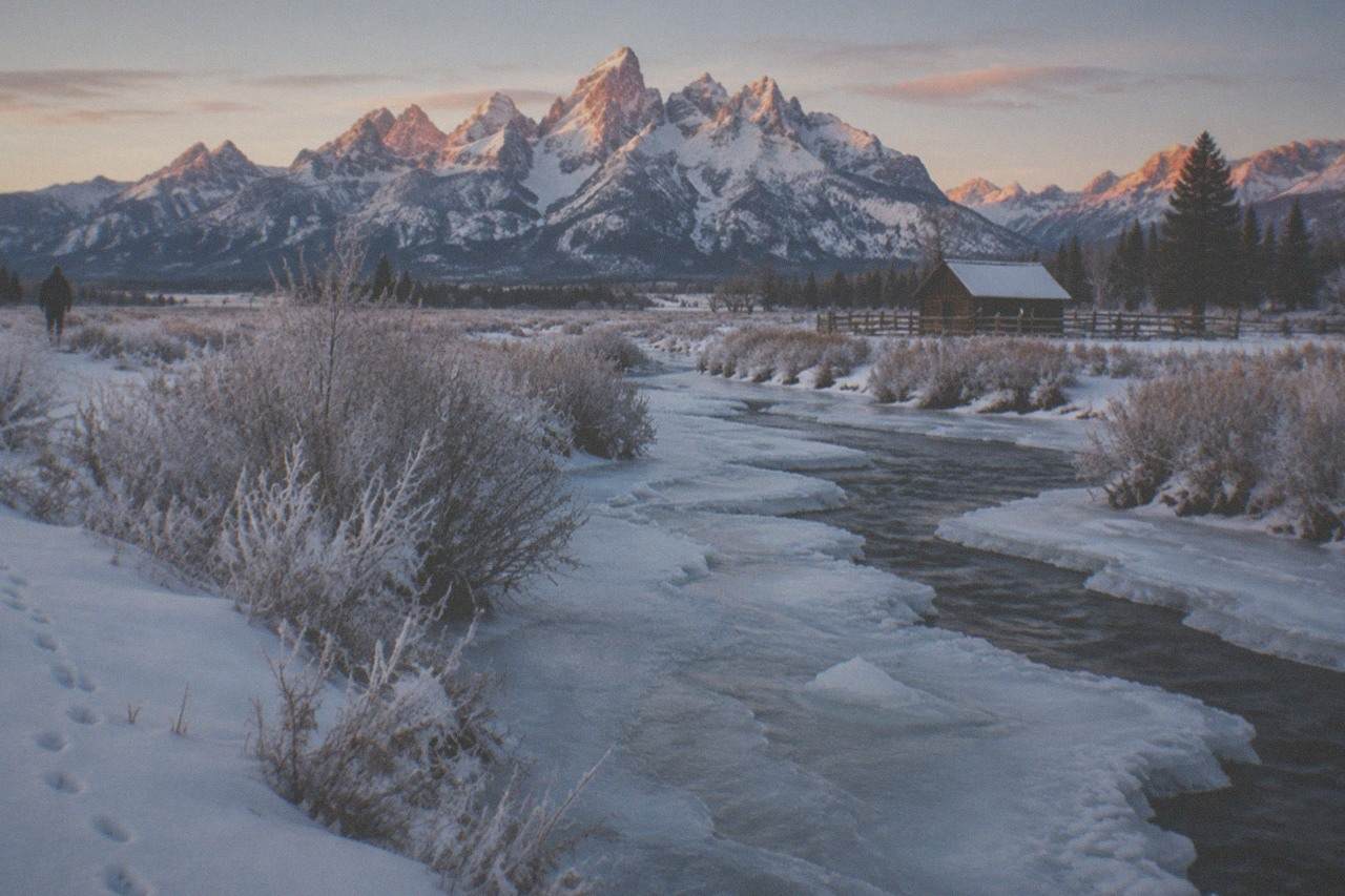 Snow-covered mountain peaks above a frozen river valley at dawn in winter