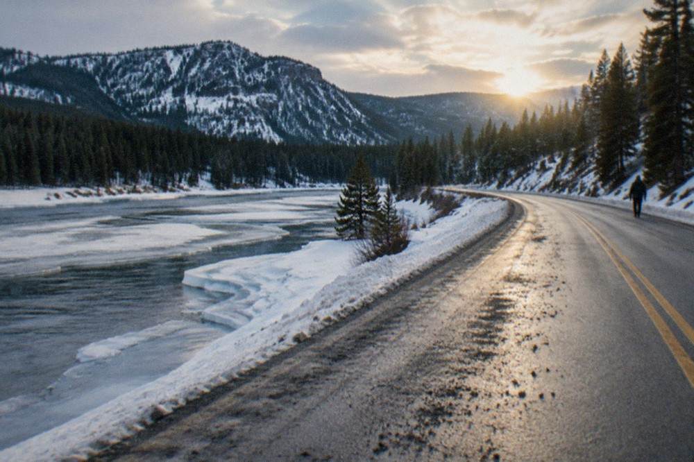 Plowed two-lane highway curving along a frozen river between snowbanks and evergreen slopes