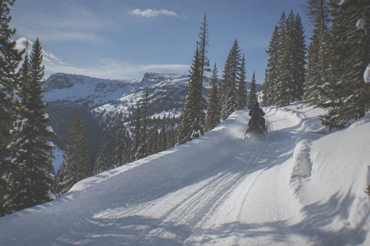 Groomed snowmobile trail winding through snow-covered pine forest in northwest Wyoming