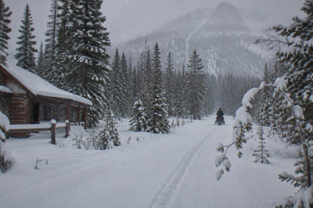 Snowmobile track winding through snow-covered pine forest toward distant mountains