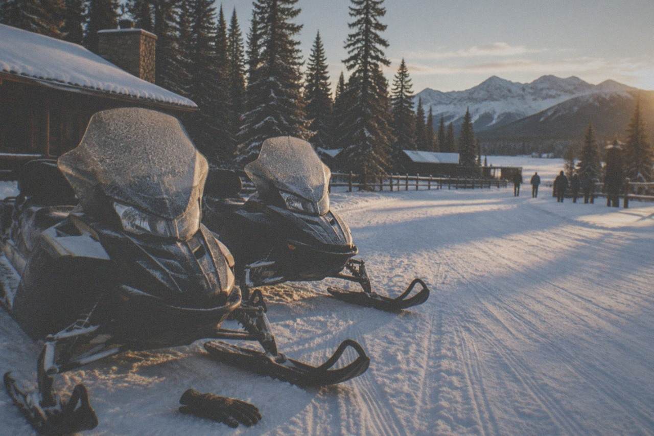 Two snowmobiles parked on a groomed winter road with snow-covered forest behind them