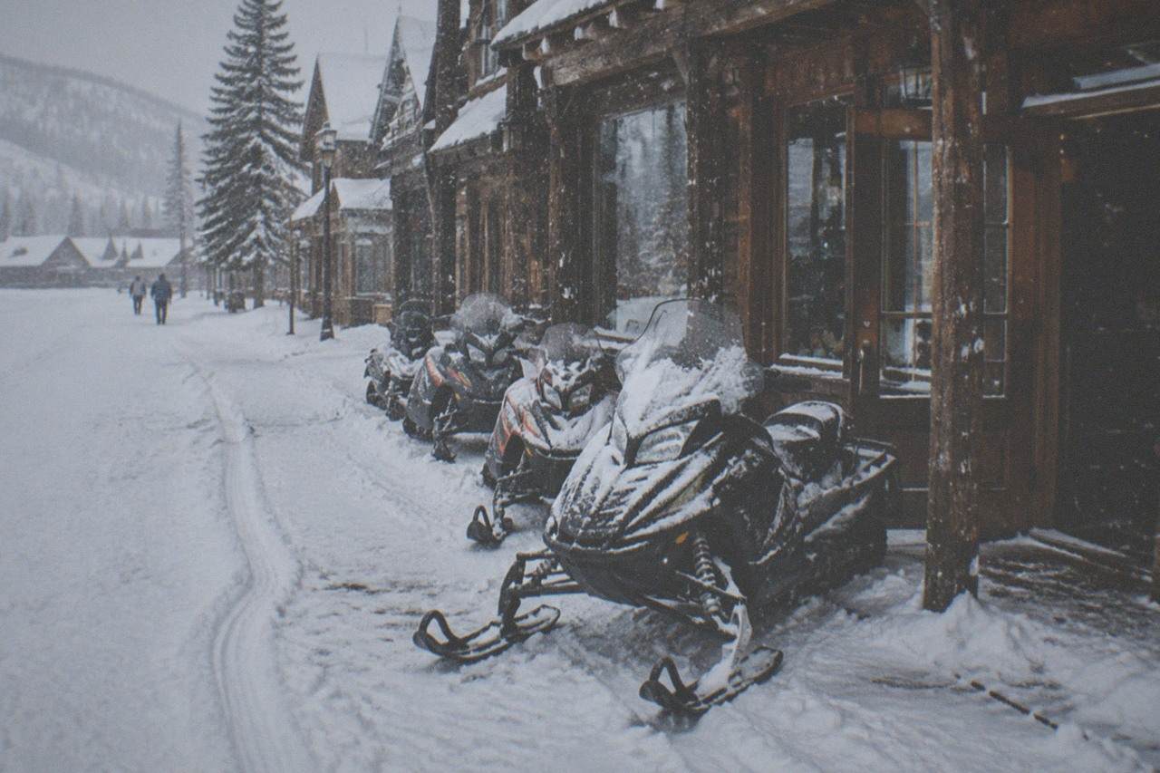 Snow-dusted street in a small mountain gateway town with snowmobiles parked beside wooden storefronts