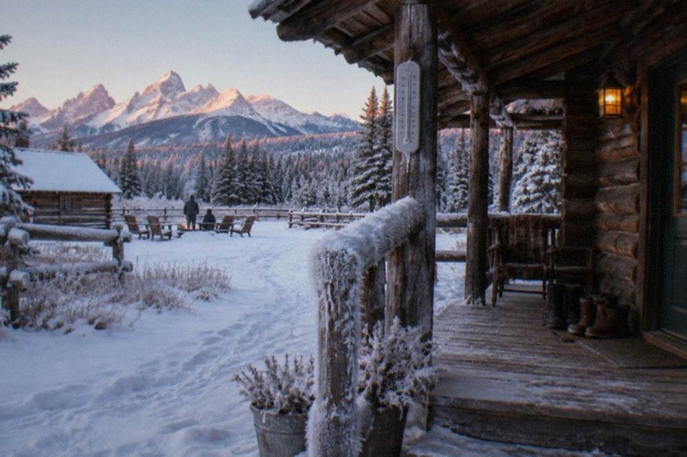 A snow-dusted lodge porch with thermometer reading below freezing and boots drying by the door