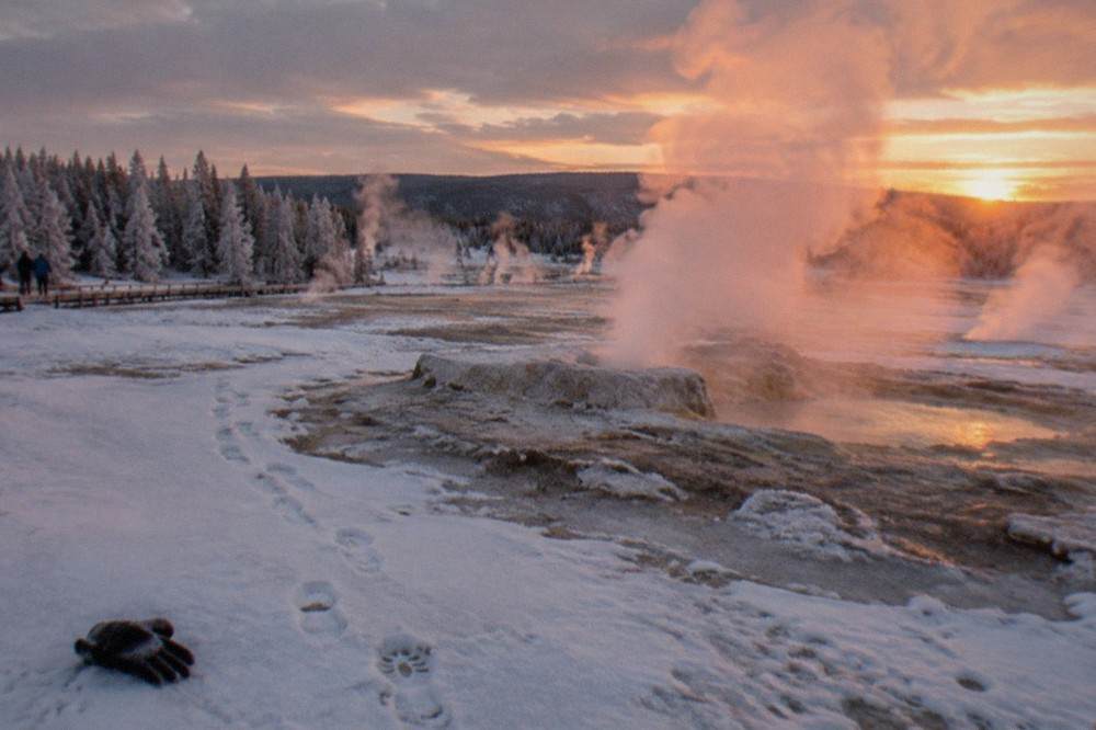 Steam rising from a snow-covered geyser basin with frosted trees in the background
