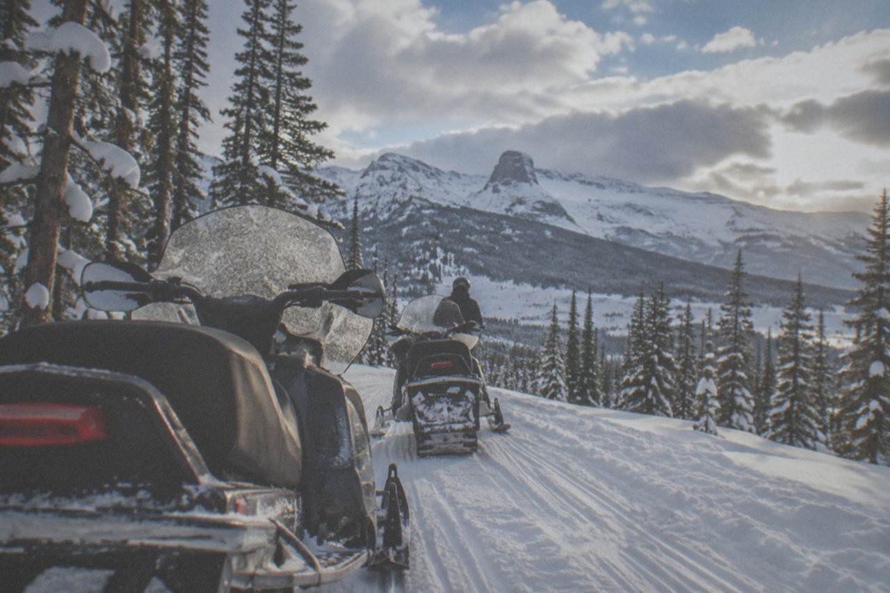 A pair of snowmobiles parked on a groomed winter road between snow-covered pine trees