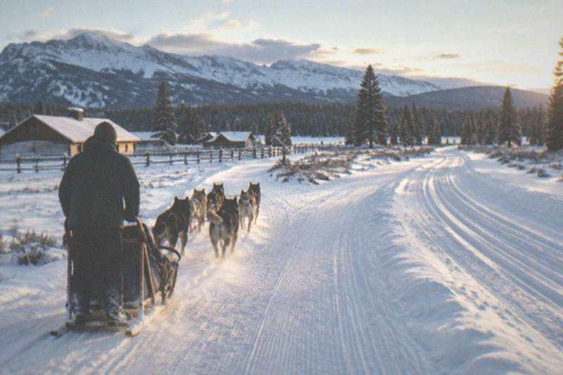 Dog sled team running beside a snowmobile trail near Jackson Hole