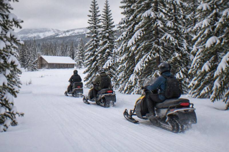 Snowmobile riders on a groomed trail in the Bridger-Teton backcountry near Turpin Meadow Ranch